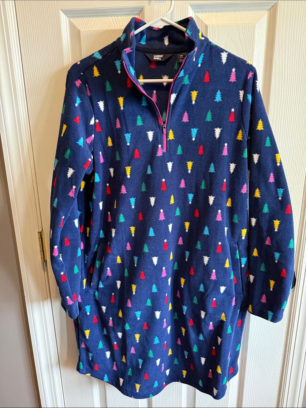 Lands' End Navy Quarter-Zip Fleece Dress with Multicolor Tree Motif